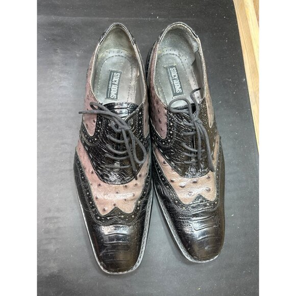 Stacy Adams Mens Leather Wingtip Oxford Shoes 8.5M Brown Black Embossed Ostrich - Picture 3 of 9
